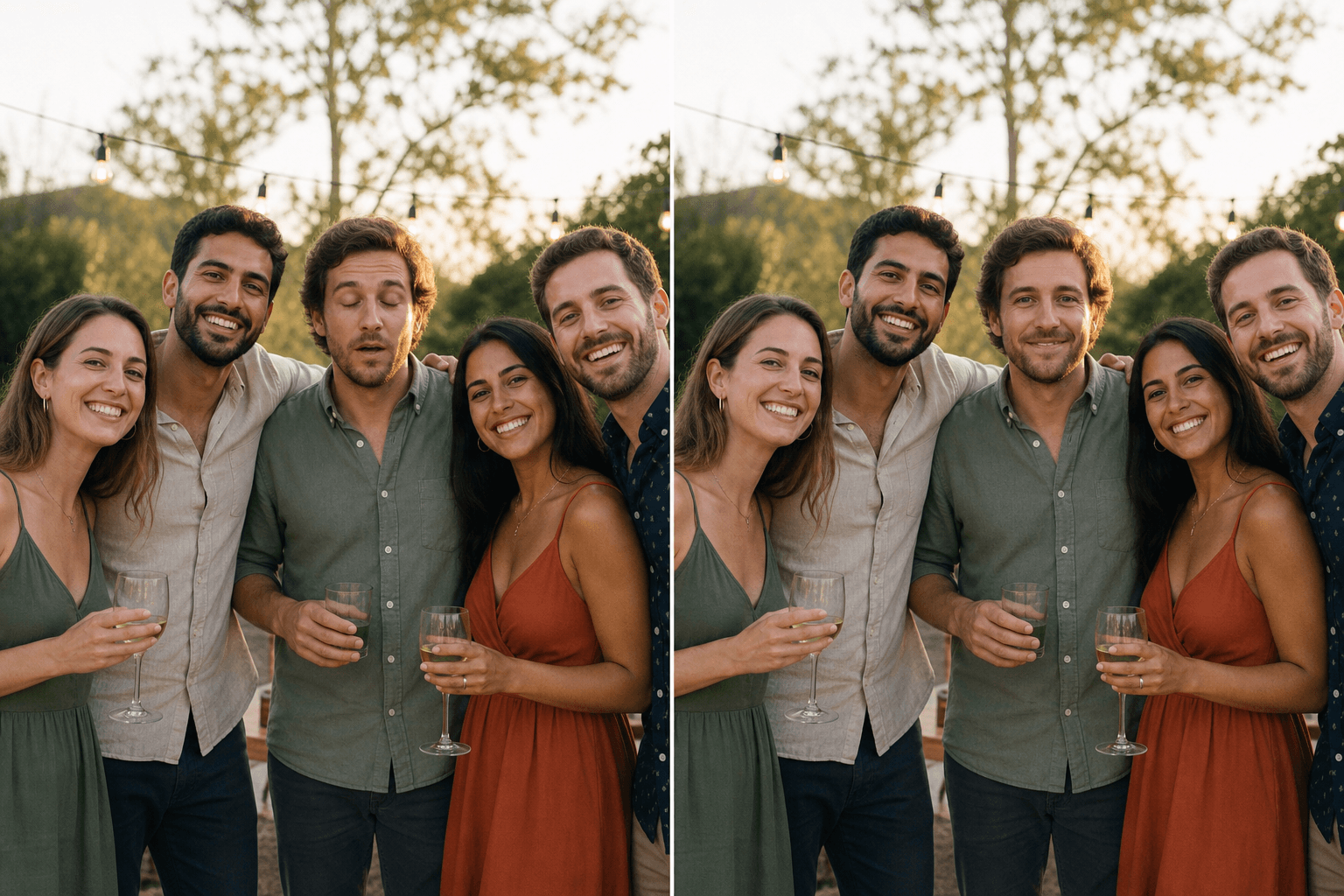 Illustrative before and after: the same group photo with one closed-eye expression repaired